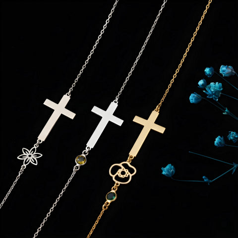 14K Gold Cross Necklace with Birthstone and Birth Flower - 12-24 in M.0268