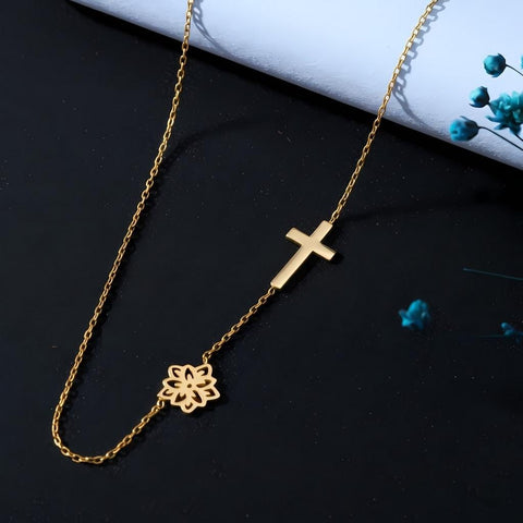 14K Gold Sideways Cross Birthflower Necklace - 12-24 in M.0270