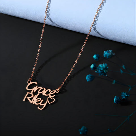 14K Gold Double Names Necklace with Heart - 12-24 in M.0204