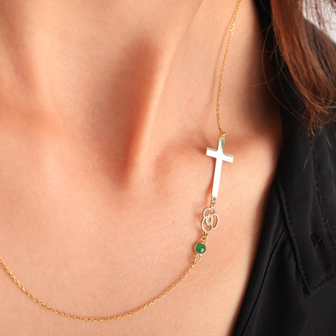 14K Gold Cross Necklace with Birthstone and Birth Flower - 12-24 in M.0268