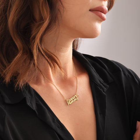 14K Gold Double Names Necklace with Heart - 12-24 in M.0204