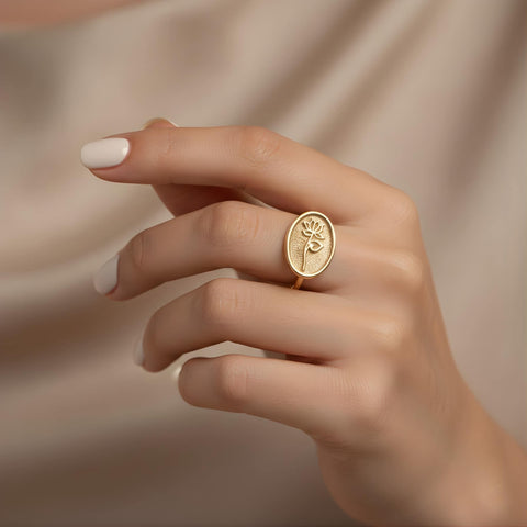 14K Gold Birthflower Oval Ring - M.0618