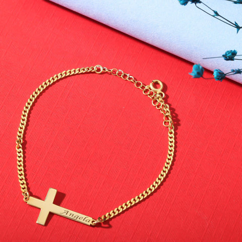 14K Gold Cross Name Bracelet - 3.5-10 in M.0039
