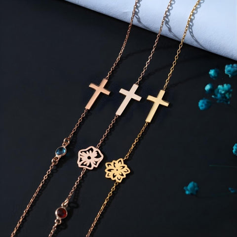 14K Gold Sideways Cross Birthflower Necklace - 12-24 in M.0270