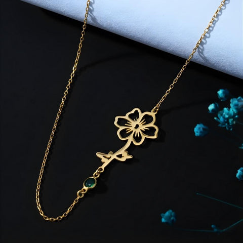 14K Gold Dainty Birthflower Birthstone Necklace with Initial - 12-24 in  M.0274