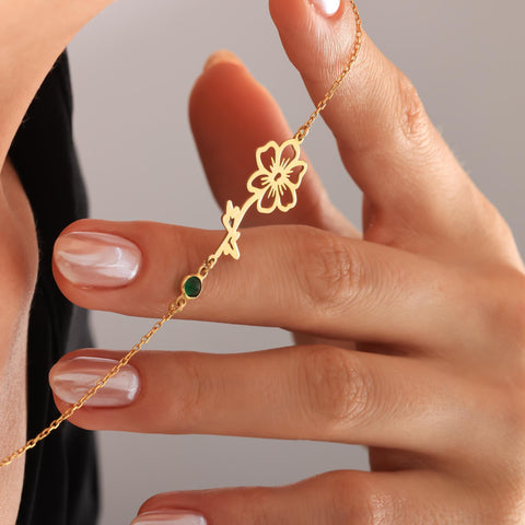14K Gold Dainty Birthflower Birthstone Necklace with Initial - 12-24 in  M.0274