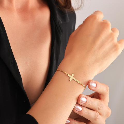 14K Gold Cross Name Bracelet - 3.5-10 in M.0039