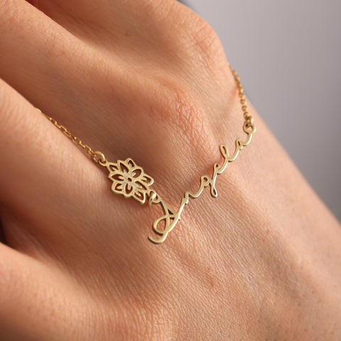 14K Gold Name Necklace with Birth Flower - 12-24 in M.0269