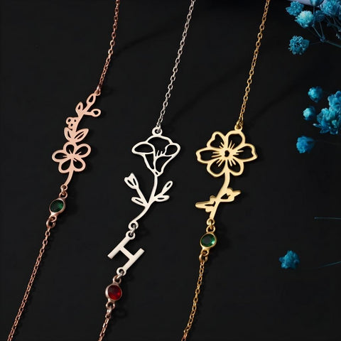14K Gold Dainty Birthflower Birthstone Necklace with Initial - 12-24 in  M.0274