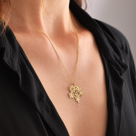14K Gold Multiple Birth Flower Bouquet Necklace - 12-24 in M.0045