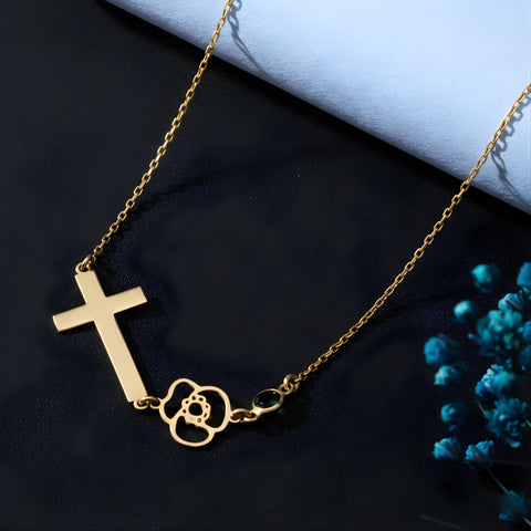 14K Gold Cross Necklace with Birthstone and Birth Flower - 12-24 in M.0268