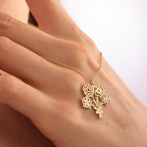 14K Gold Multiple Birth Flower Bouquet Necklace - 12-24 in M.0045