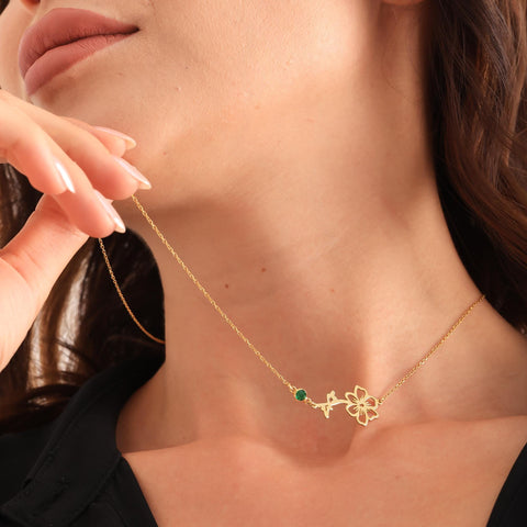 14K Gold Dainty Birthflower Birthstone Necklace with Initial - 12-24 in  M.0274