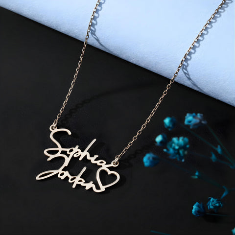 14K Gold Double Names Necklace with Heart - 12-24 in M.0204