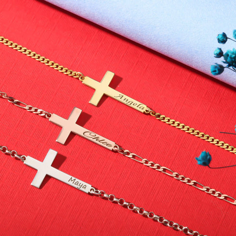 14K Gold Cross Name Bracelet - 3.5-10 in M.0039