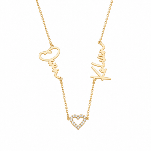 14K Gold Plated Two Names Stones Heart Necklace - 12-24 in M.0622