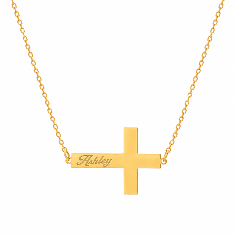 14K Gold Plated Personalized Engraved Side Cross Necklace - 12-24 in M.0233