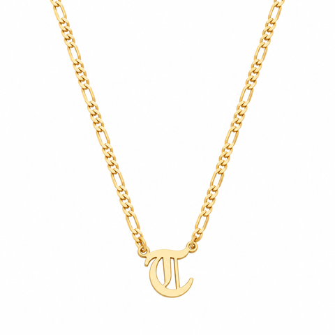 14K Gold Plated Old English Initial Necklace with Figaro Chain - 12-24 in M.0266