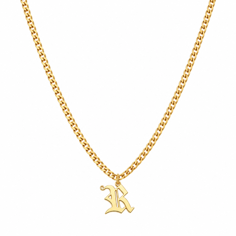 14K Gold Plated Old English Initial Necklace with Curb Chain - 12-24 in M.0266