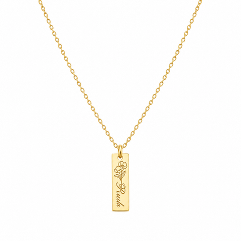 14K Gold Plated Birth Flower Bar Necklace with Name - 12-24 in M.0489