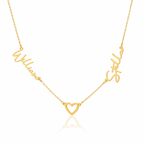 14K Gold Plated Two Names Necklace with Heart - 12-24 in M.0234