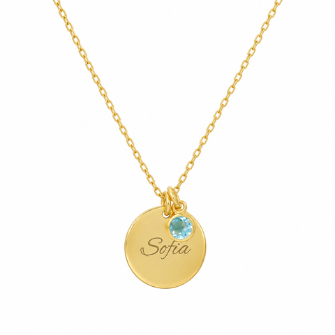 14K Gold Plated Custom Disc Name Necklace with Birthstone - 12-24 in M.0017