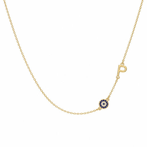 14K Gold Plated Evil Eye Sideway Letter Necklace - 12-24 in M.0014