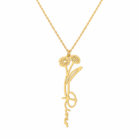 14K Gold Plated Birth Flower Name Necklace with Birthstone - 12-24 in M.0019