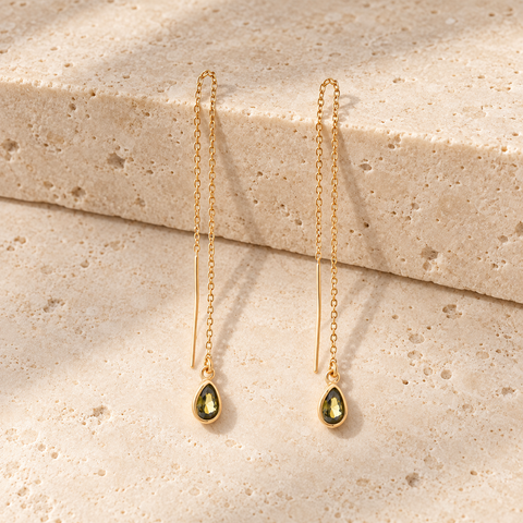 14K Gold Plated Birthstone Chained Teardrop Earrings - M.0065