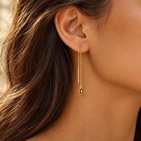 14K Gold Plated Birthstone Chained Teardrop Earrings - M.0065