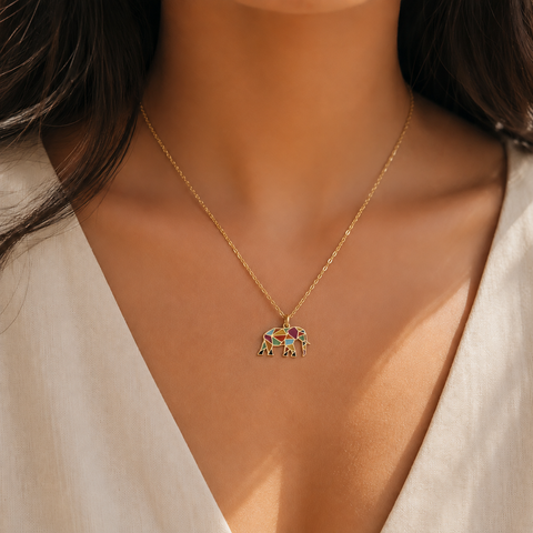 14K Gold Plated Enamel Elephant Pendant - 12-24 in M.0515
