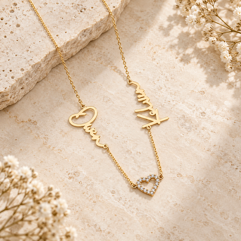 14K Gold Plated Two Names Stones Heart Necklace - 12-24 in M.0622