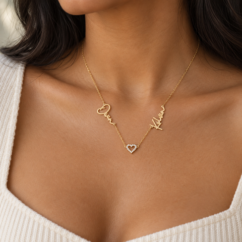 14K Gold Plated Two Names Stones Heart Necklace - 12-24 in M.0622
