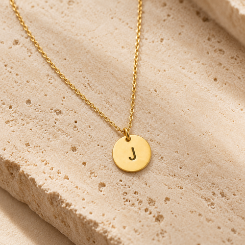 14K Gold Plated Disc Necklace with Initial and Birthflower - 12-24 in M.0133