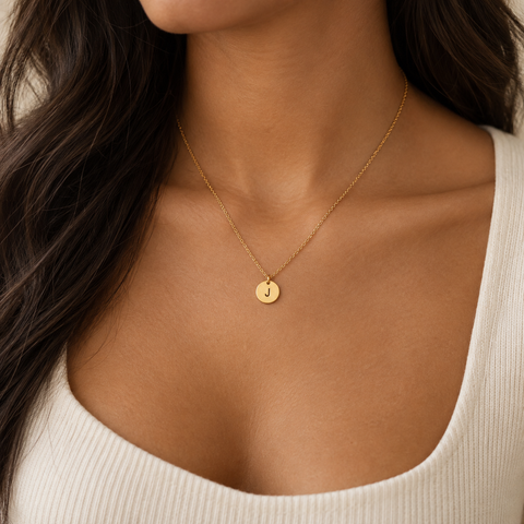 14K Gold Plated Disc Necklace with Initial and Birthflower - 12-24 in M.0133