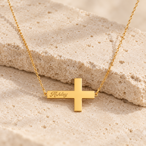 14K Gold Plated Personalized Engraved Side Cross Necklace - 12-24 in M.0233