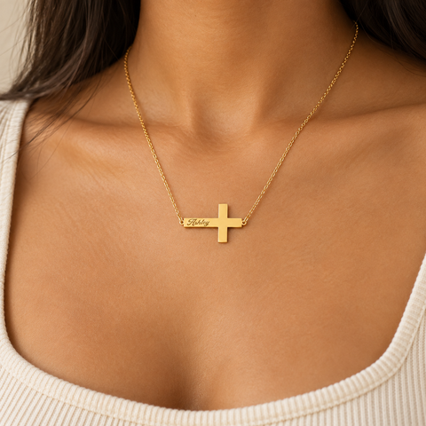 14K Gold Plated Personalized Engraved Side Cross Necklace - 12-24 in M.0233