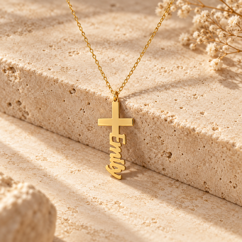 14K Gold Plated Vertical Personalized Cross Necklace - 12-24 in M.304