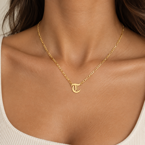 14K Gold Plated Old English Initial Necklace with Figaro Chain - 12-24 in M.0266