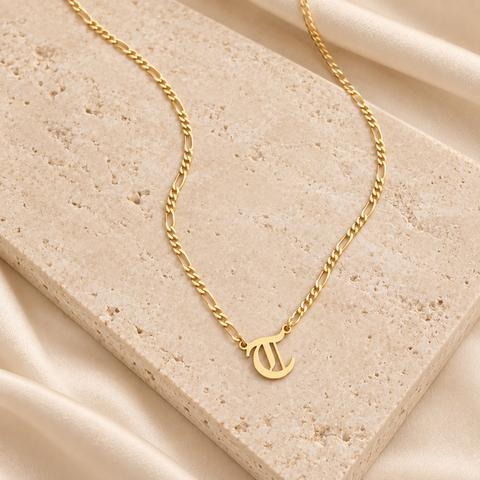 14K Gold Plated Old English Initial Necklace with Figaro Chain - 12-24 in M.0266