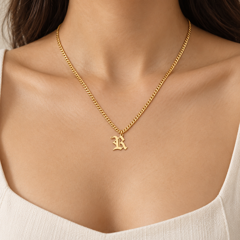 14K Gold Plated Old English Initial Necklace with Curb Chain - 12-24 in M.0266