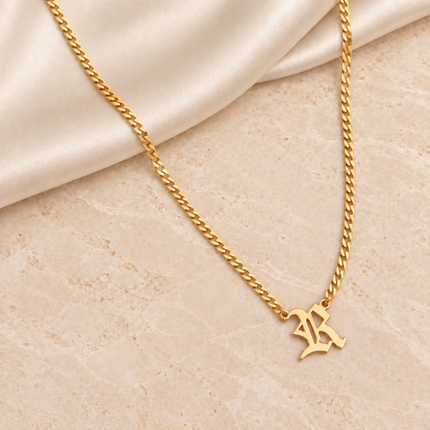 14K Gold Plated Old English Initial Necklace with Curb Chain - 12-24 in M.0266
