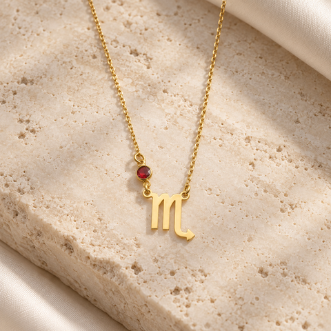 14K Gold Plated Side Birthstone Zodiac Necklace - 12-24 in M.0305