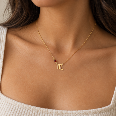14K Gold Plated Side Birthstone Zodiac Necklace - 12-24 in M.0305