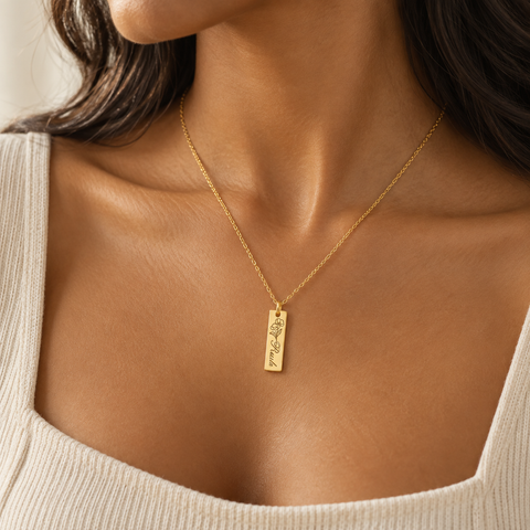 14K Gold Plated Birth Flower Bar Necklace with Name - 12-24 in M.0489