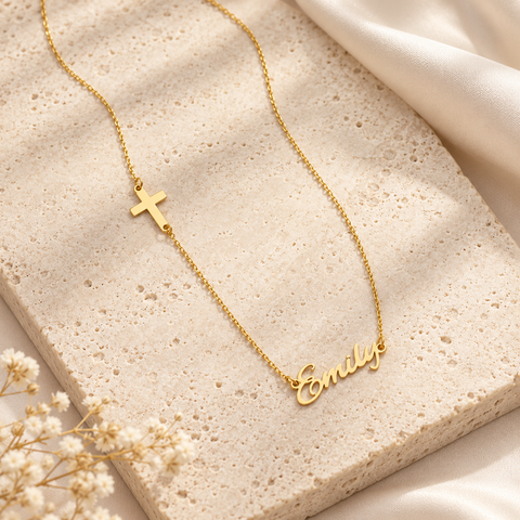 14K Gold Plated Name Necklace with Cross - 12-24 in M.0490