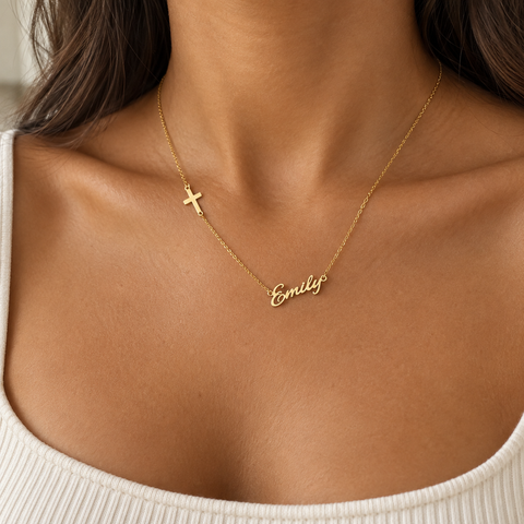 14K Gold Plated Name Necklace with Cross - 12-24 in M.0490