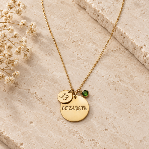 14K Gold Plated Large Small Disc Necklace with Birthstone - 12-24 in M.0547