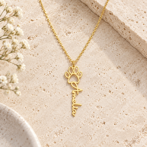 14K Gold Plated Paw Print Name Necklace - 12-24 in M.0573