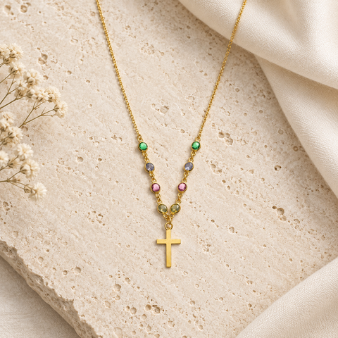 14K Gold Plated Cross Necklace with Birthstone - 12-24 in M.0575